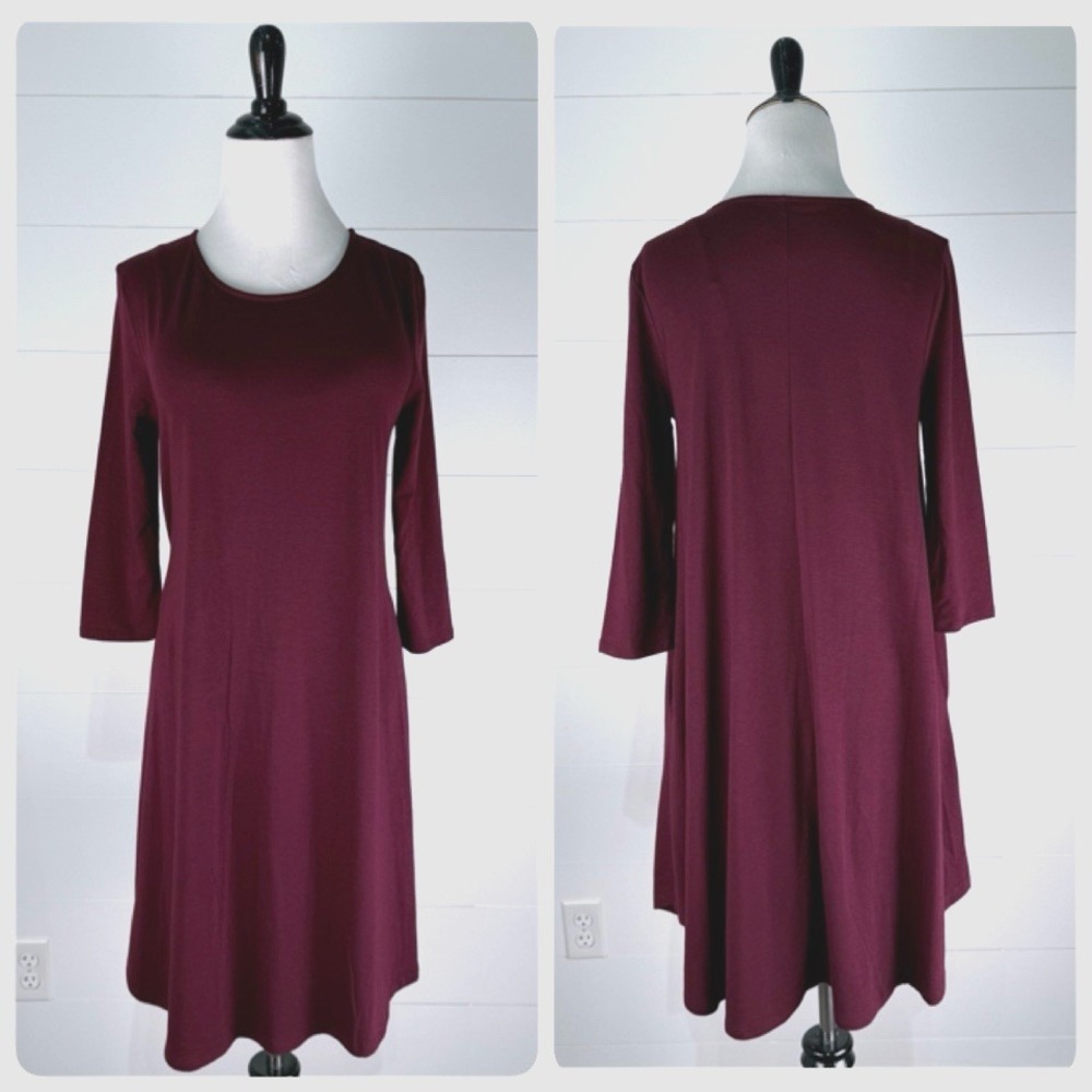 Zenana T Shirt Tunic Dress Women M Burgundy Scoop 3/4 Length Sleeve Rayon Blend